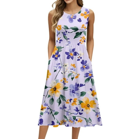 Biziza Long Casual Dresses for Women Causal Purple 2025 Vintage Sleeveless Floral Elegant Dresses Stretch Polyester Lightweight Cotton Round Neck Corset Dress with Pockets