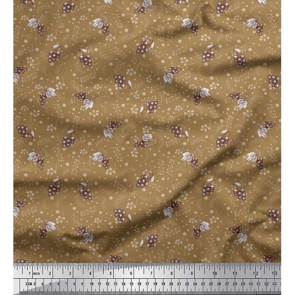 Soimoi Brown Cotton Duck Fabric Leaves & Berries Fruits Decor Fabric Printed Yard 42 Inch Wide