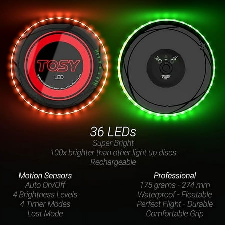 TOSY Flying Disc - 16 Million Color RGB or 36 LEDs, Extremely Bright, Smart Modes, Auto Light Up, Rechargeable, Cool Fun Christmas, Birthday & Camping Gift for Men/Boys/Teens/Kids, 175g frisbee