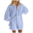 thumbnail image 2 of Short Sets for Women Textured Long Puff Sleeve Button Collared Shirt and Shorts 2 Piece Matching Set Beach Vacation Sets, 2 of 6