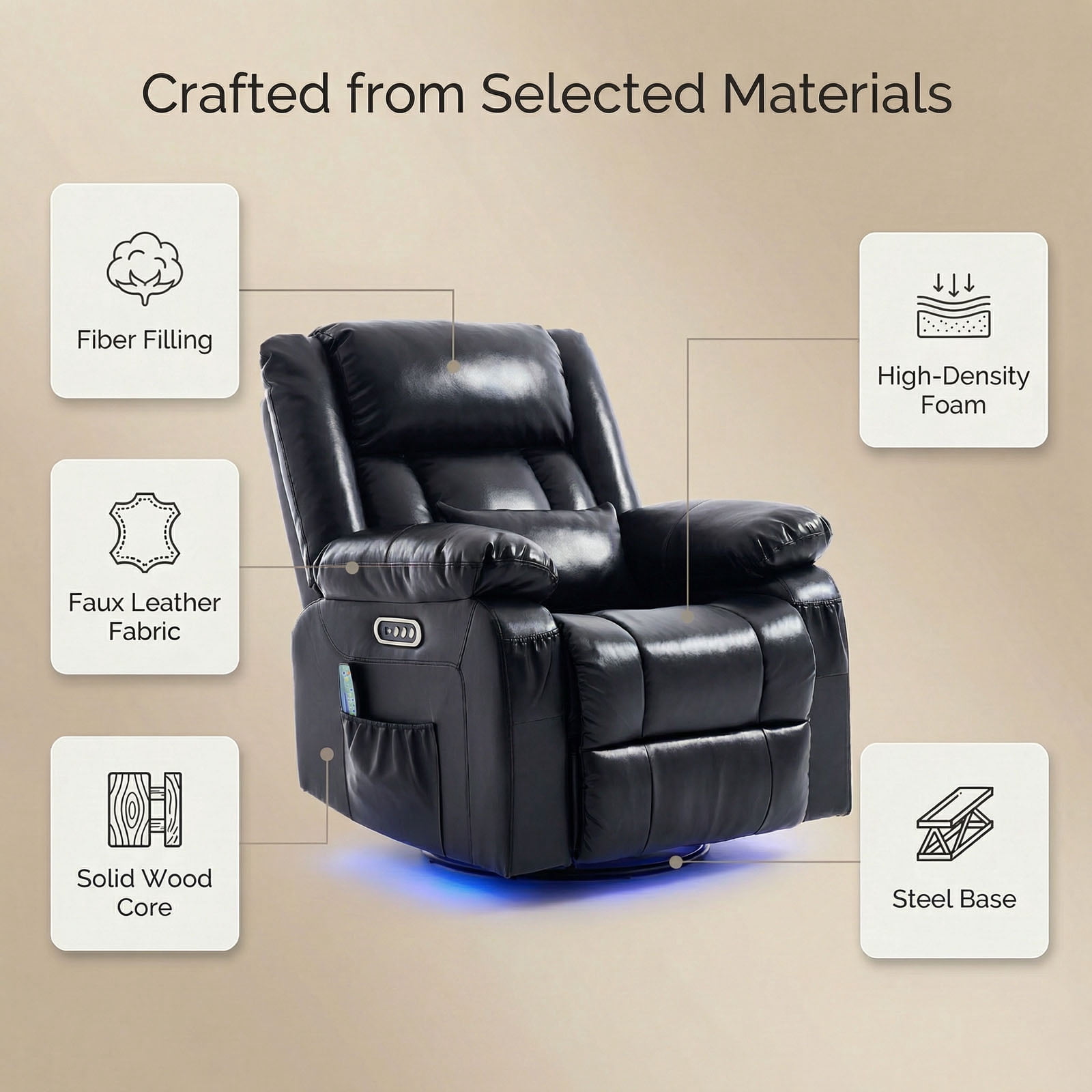 IPKIG Electric Power Recliner with Heat & Massage, 240° Swivel Rocking Chair for Living Room, LED Home Theater Recliner, Faux Leather Black