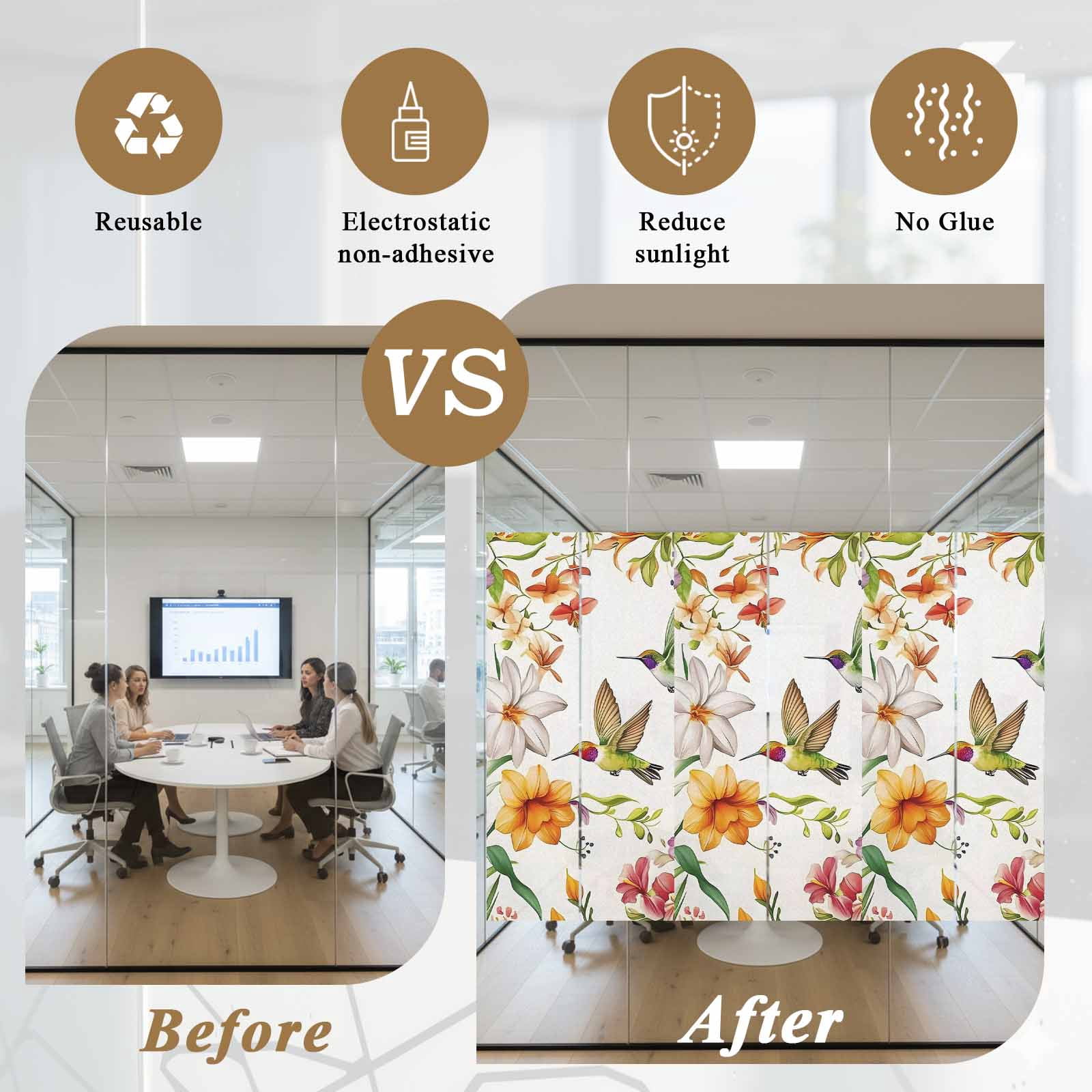 No Glue Heat Blocking Window Flims, Spring Floral Hummingbird Window Privacy Film Frosted, Pastoral Rustic Botanical Flowers Peep-proof Door Windows Tint for Bathroom, Dormitory, 17.7 x 78.7 Inches