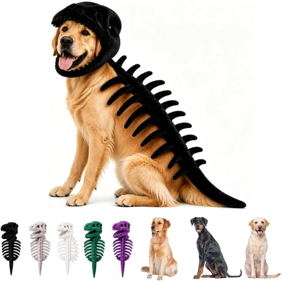 HaCpiu Dog Halloween Dinosaur Skeleton Costume, Plush Dino Hooded Cape Spine Back Outfit for Medium Large Dogs, Pet Photo Accessory