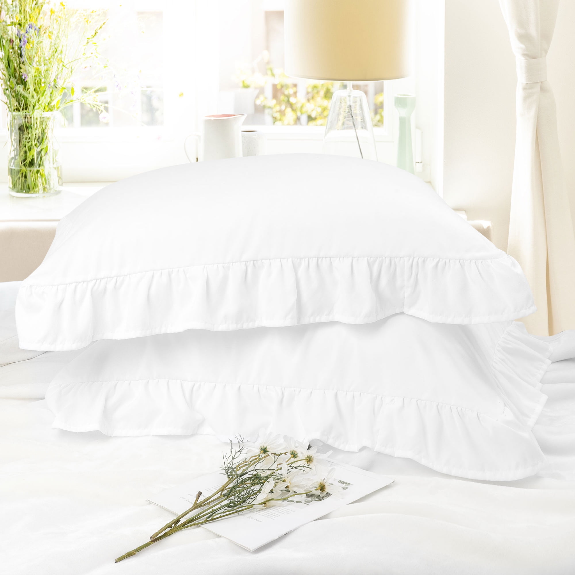 REGALWOVEN Ruffled Pillow Shams Set of 2, Soft Breathable Pillow Covers with Envelope Closure White Queen