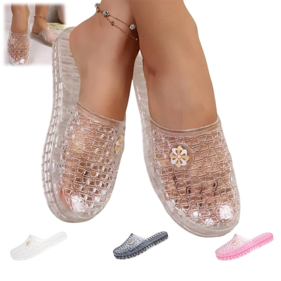 YOUYEDIAN Jelly Sandals for Women Ballet Dress Mesh Slip on Flats Shoes Summer Wide Closed Toe Mary Jane Mules Clear Beach Sandals (Clear)