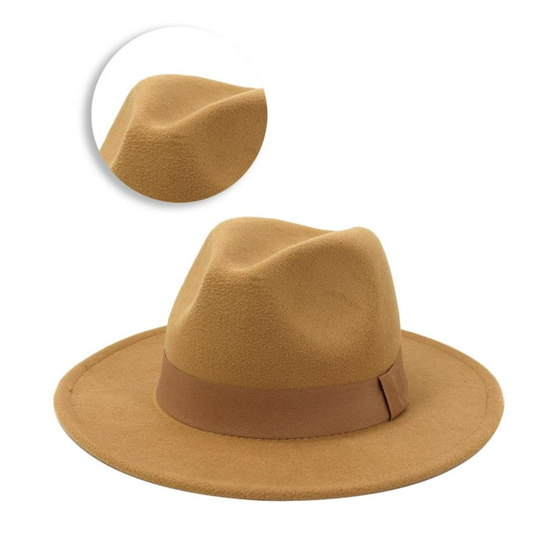 Women Elegant Party Flat Top Fedora Hat Breathable Simple Ribbon Band Brim  Winter Outdoors Hat - Beige 