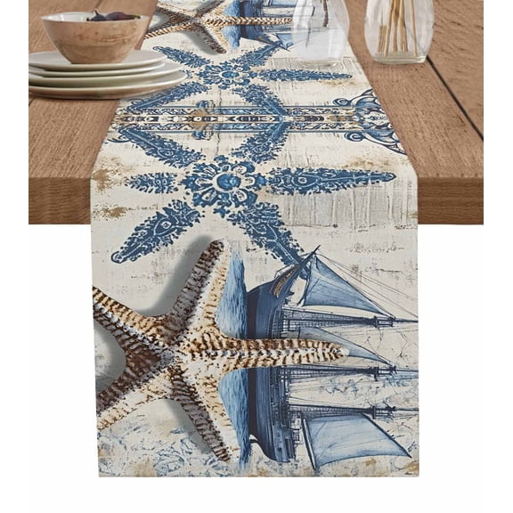 Boanket Vintage Nautical Table Runner - 60 Inch Long, Kitchen Dining Table Runner Dresser Scarves, Summer Coastal Floral Starfish Farmhouse Home Decor for Coffee Table Wedding Party Banquet