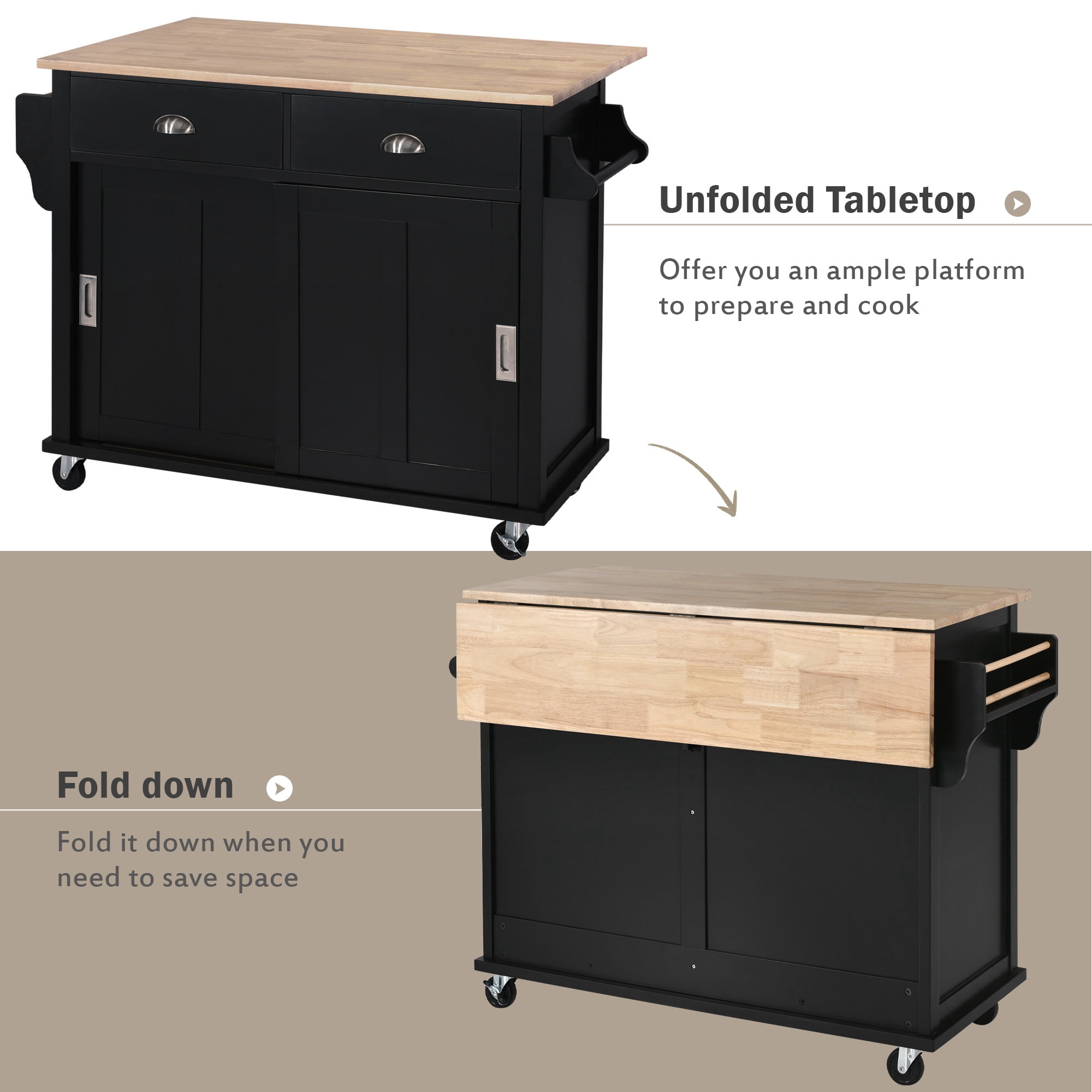 DEALTOPS 52.2 inch Kitchen Cart with Rubber Wood Drop-Leaf Countertop, Concealed Sliding Barn Door Adjustable Height, Kitchen Island on 4 Wheels with Storage Cabinet and 2 Drawers-Black