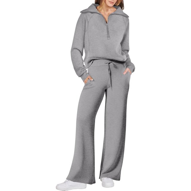 Women 2 Piece Outfits Sweatsuit Set 2023 Fall Oversized Half Zip Sweatshirt Wide Leg Sweatpant Lounge Set Tracksuit