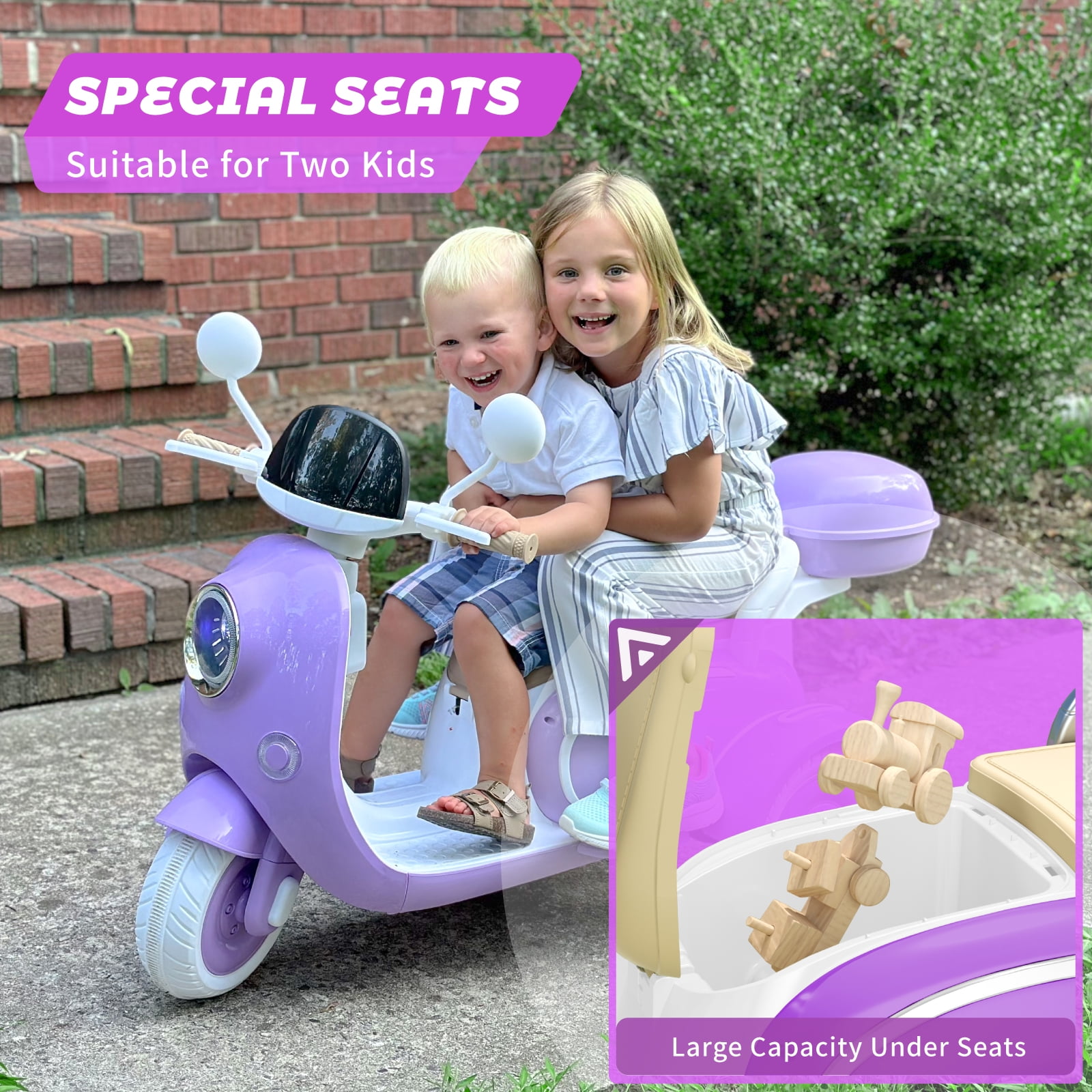 TCARAIWEN 12V Kids Electric Motorcycle Battery 3-Wheeler Tricycle w/Bluetooth Music LED Storage Box Purple