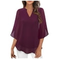 thumbnail image 6 of Women's Dressy Casual Ruffle 3/4 Sleeve V Neck Chiffon Blouse - Double Layer Flowy Hem - Office/Party Wear - S-XXL, 6 of 6