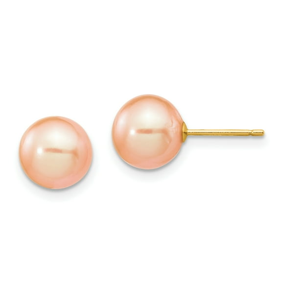 Primal Gold 14 Karat Yellow Gold 8-9mm Pink Round Freshwater Cultured Pearl Stud Post Earrings