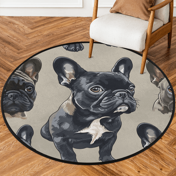 CURLYOOT Round Rug 3ft French Bulldog Area Rug, Washable Circle Mat Non Slip Floor Carpet Mat, Soft Indoor Rugs for Entryway Living Room Dining Room Bedroom