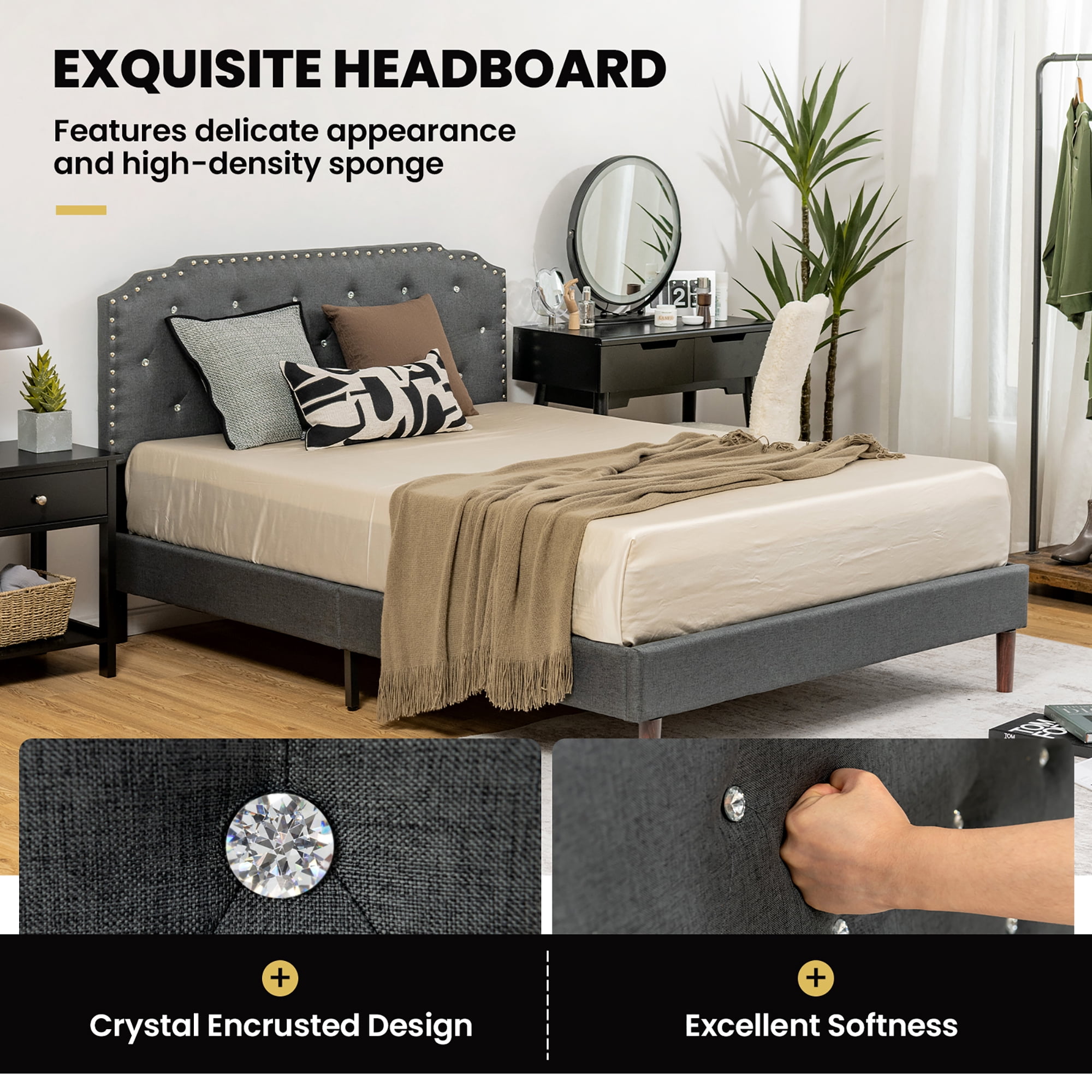 Costway Full Upholstered Bed Frame Adjustable Diamond Button Headboard Easy Assembly