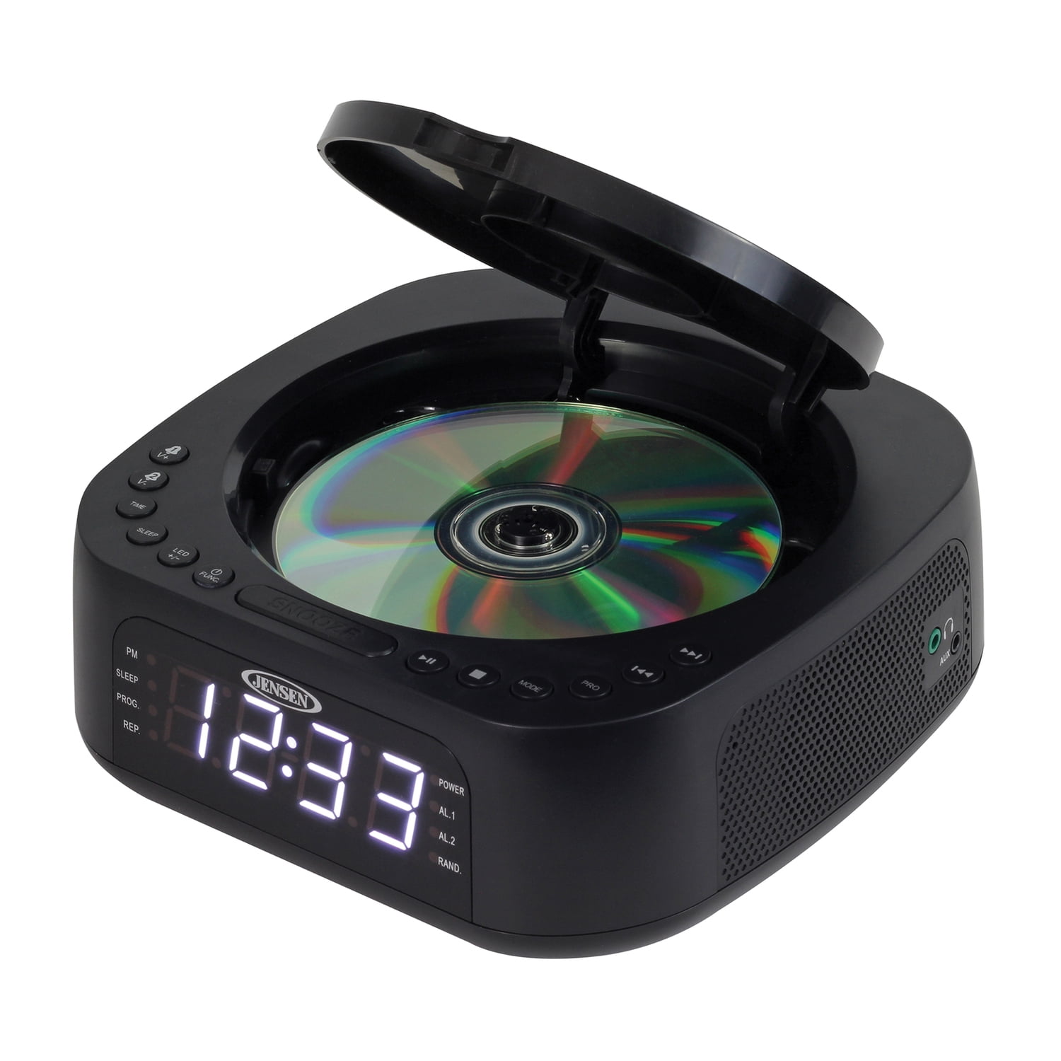 JENSEN Stereo Digital Dual-Alarm Clock with Top-Loading CD Player, FM Tuner, USB Charging Port, and Battery Backup, JCR-375
