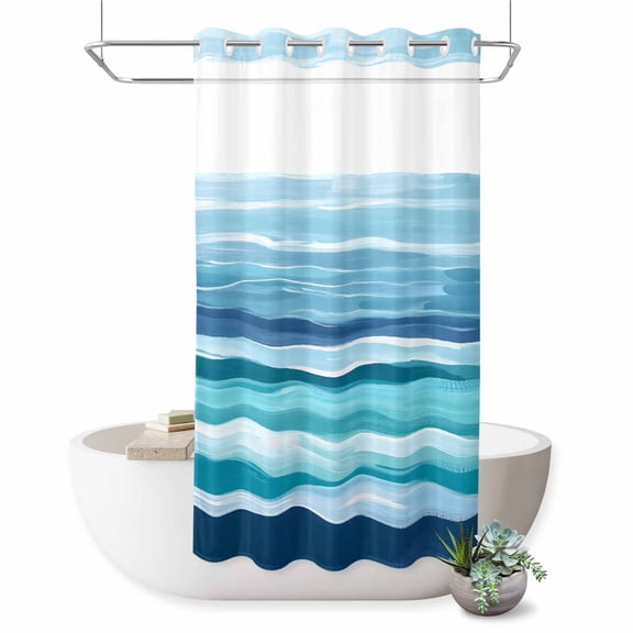 Summer Coastal No Hook Shower Curtain Abstract Ocean Wave Blue Teal Stripes Shower Curtain with See Through Top Window, Waterproof Washable Fabric Curtain for Bathroom Hotel Decor, 36Wx72L