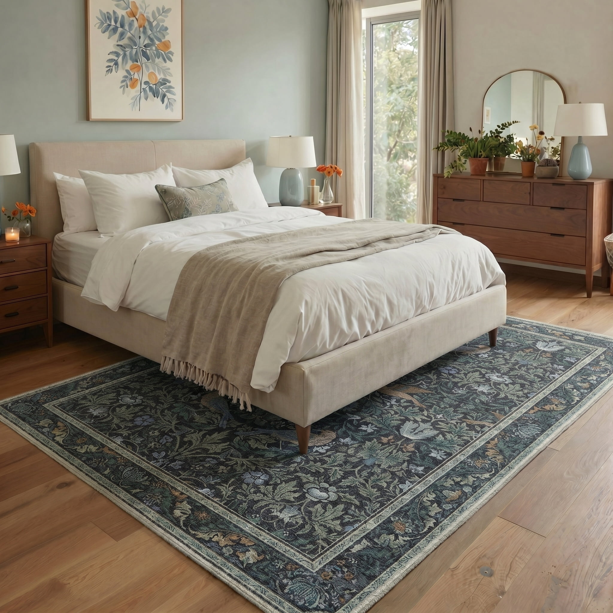 KUETH 8'x10' Vintage Floral Area Rugs for Living Room, Non Slip Machine Washable Forest Bird Rug, Low Pile Print Rug for Bedroom Dining Room Home Office