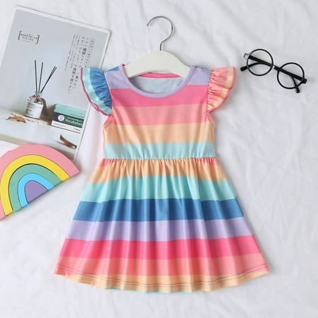 OFFIGAM Girls Dress 1Set Sleeveless Multi Colored Rainbow Stripes For Kids Casual Wear Spring Summer