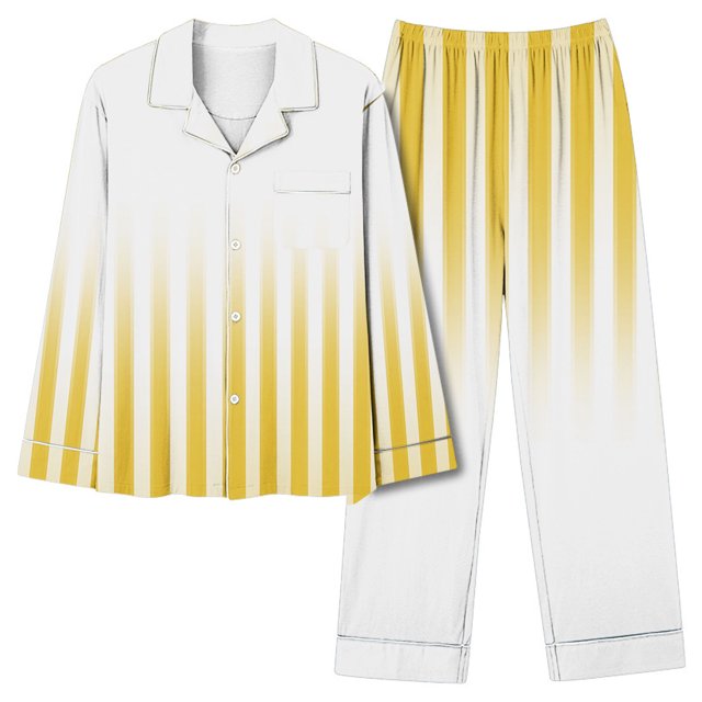 Puntoco Conjunto De Pijamas De Manga Larga Con Estampado De Rayas Para Mujer, Informal, A La Moda, Informal, (1 top + 1 Pantalón), Conjunto De Solapa De Manga Larga, Color Amarillo S