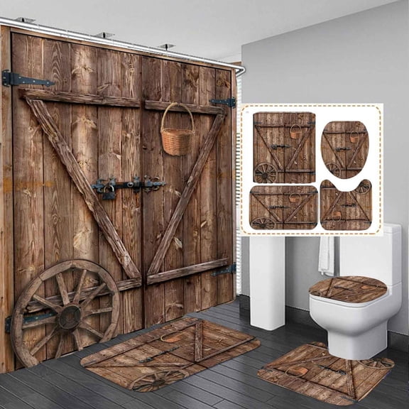 4PCS Fall Western Barn Door Shower Curtain Sets with Rugs, Waterproof Fabric Shower Curtain, Autumn Harvest Pumpkin Sunflower Maple Leaves Wreath Thanksgiving Country Farmhouse Bathroom Decor