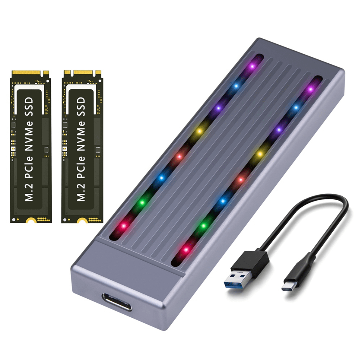 M.2 NVMe Hard Drive Enclosure SSD Cool RGB Light Hard Drive Enclosure Aluminum CNC Case High Speed Gen.2 with Cable,A