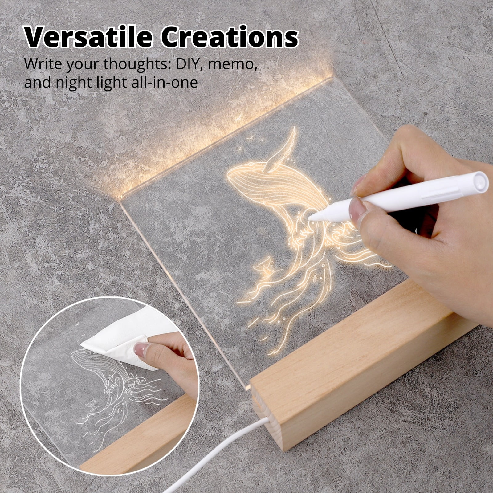 8 Pcs LED Wooden Display Stands, LED lamps with Acrylic Sheets, Transparent Acrylic Night Lights with USB Cables, Wooden Bases with Acrylic Boards for Writing, Drawing, DIY, Present