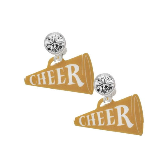 Acrylic 1.25" Goldtone Cheer Megaphone Clear Crystal Clip On Earrings