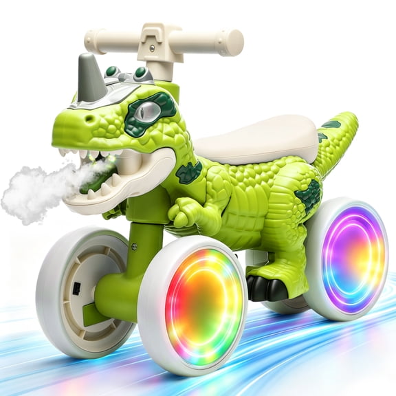 Xuanlur Dinosaur Balance Bike for 1-3 Year Olds, Toddler Bike with EVA Tires, Light-Up Wheels, Baby Bike with Music & Mist Spray Effects, Dinosaur Ride on Toy, Perfect First Birthday Gift, Green