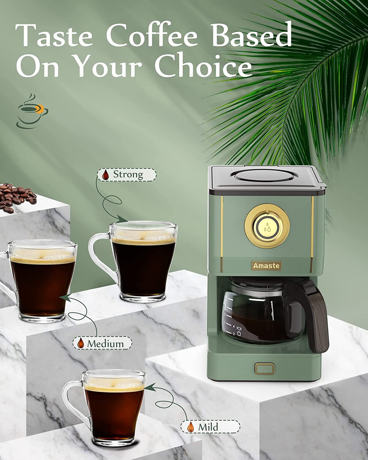 Drip Coffee Maker, Coffee Machine with 25 Oz Glass Coffee Pot, Retro Style Coffee Maker with Reusable Filter & Three Brewing Modes, 30minute-Warm-Keeping, Matcha Green