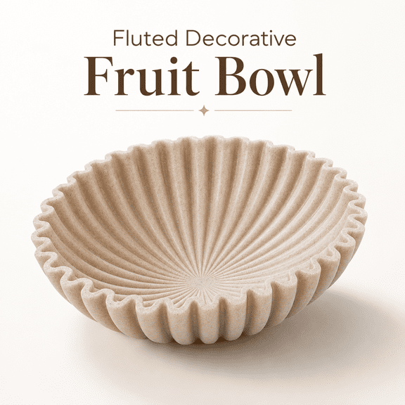 MORAVE Large Beige Artificial Stone Decorative Bowl, Modern Ruffle Handicraft Fruit Bowl, Stylish Key Bowl for Kitchen Counter Entry Table Home Decor