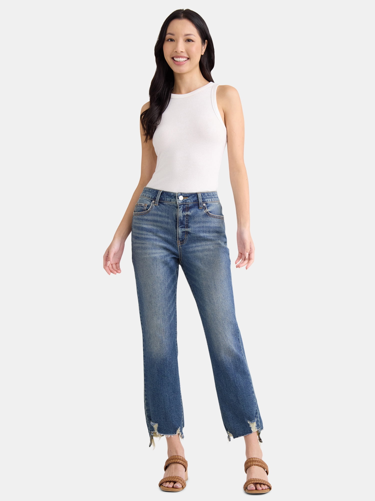 Time and Tru Women's and Women’s Plus High Rise Straight Leg Jeans with Raw Hem, 27.5” Inseam, Sizes 0-22