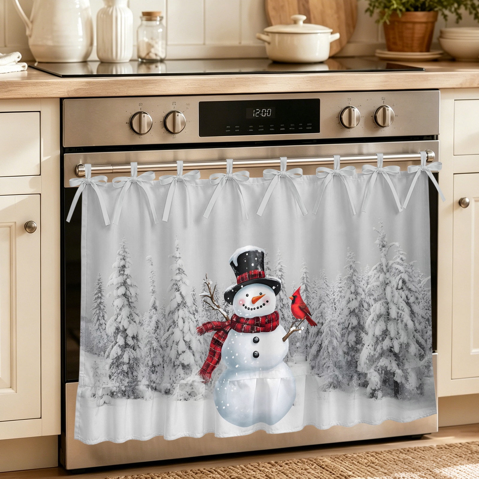 Oven Curtain for Kitchen Winter Snowman Snow Cardinal Stove Curtain With Ruffled Trim Dishwasher Curtains Christmas Tree Grid Scarf Oven Skirt 32 x24