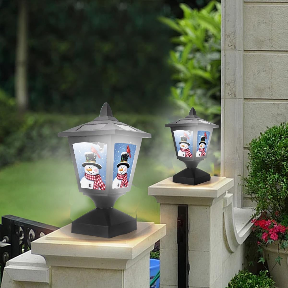 Solar Post Lights Outdoor, 2 Pack, Wood Fence Posts, Pathway, Deck, Halloween/Thanksgiving/Christmas Decoration (Three Snowman)