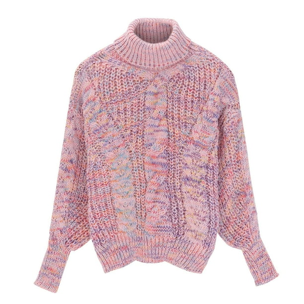 Gibobby SuéTer Para Invierno Mujer de punto de manga larga con cuello y flores de colores mezclados para mujer de otoño e invierno(Rosa,Talla única)