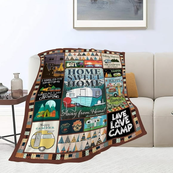 Camping Blanket Soft Warm Plush Throw Blanket Happy Camper RV Gifts for Camper Lover Cozy Lightweight Flannel Fleece Bedding Stuff Decor Blanket for Girls Kids Adults Women 50"x60"