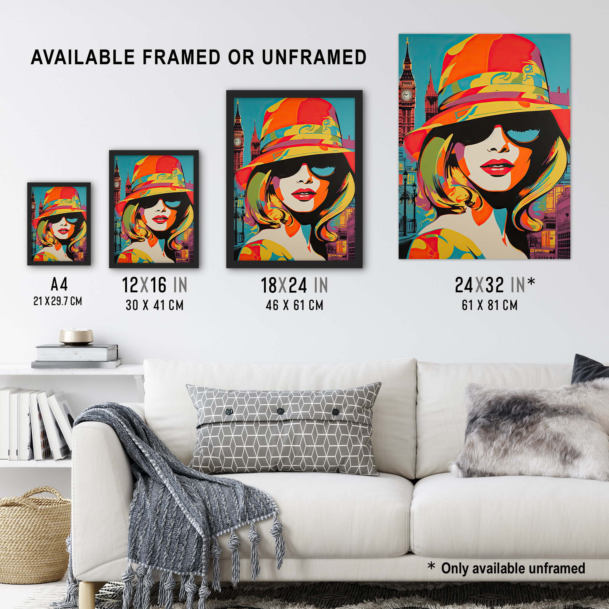 1960s London Chic Retro Neon Orange Blue Woman Portrait With Big