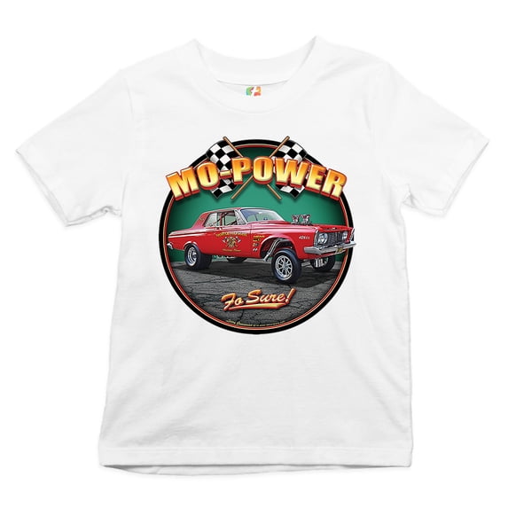 Tee Hunt Mo-Power Fo Sure! Youth T-Shirt American Muscle Car Racing Route 66 Kids, White, X-Large