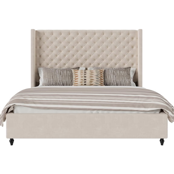Amerlife Queen Size Bed Frame with 63" Tall Headboard, Upholstered Wingback Platform Design, Solid Wood Legs, Cream