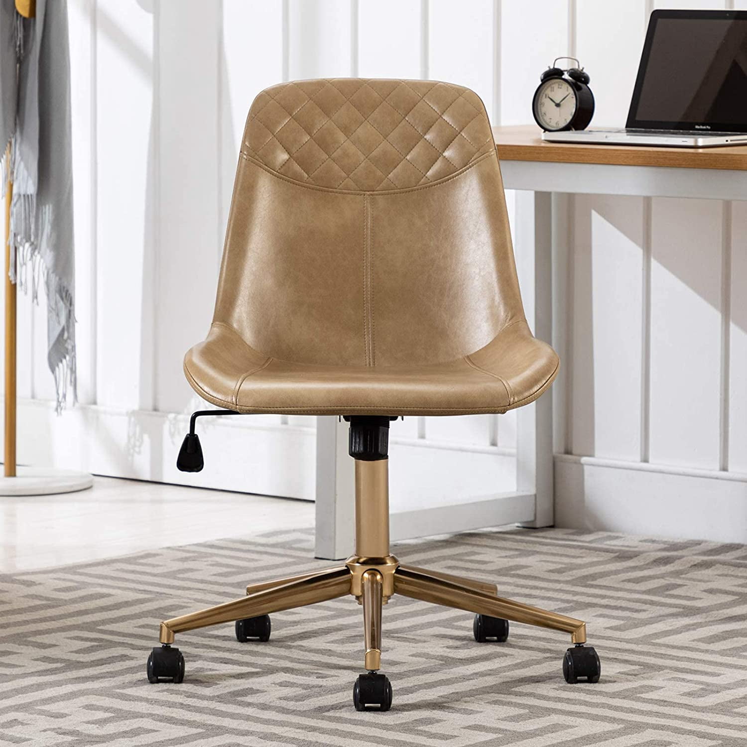 Duhome Office Desk Chair Faux Leather Swivel Computer Chair Task Chair Adjustable with Gold Base, Camel