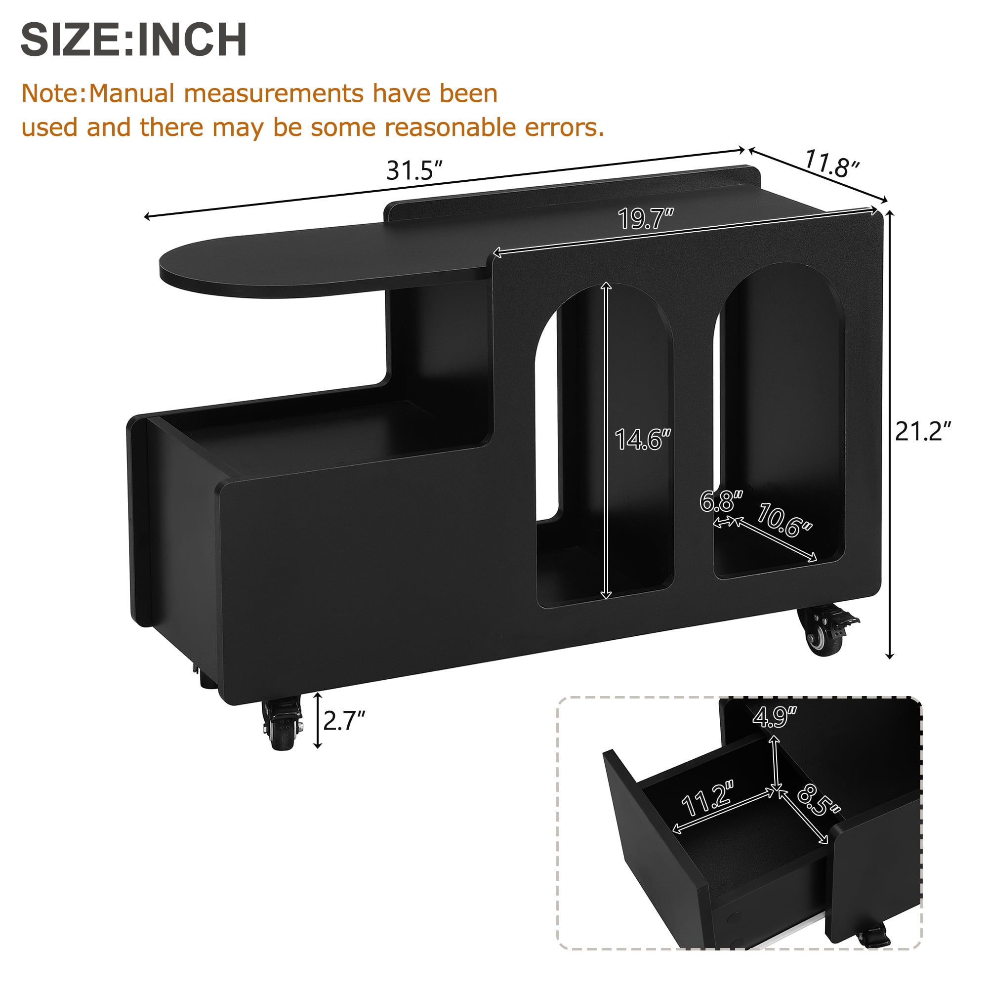 MAYEERTY Mobile End Table with Lockable wheels, Side Table, Narrow Nightstand with Multi-layer Storage, Black