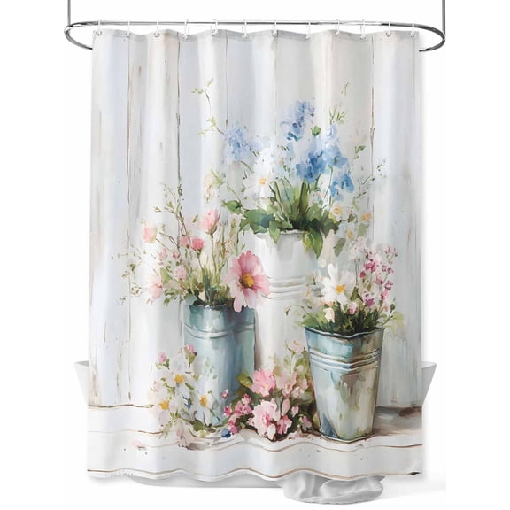 Boanket Polyester Fabric Daisies Flowers Shower Curtain, Pink Blue Floral Farm Plant Wooden Plank Waterproof Bathtub Curtain Bathroom Decor Set with Hooks 60 x 72 Inches,