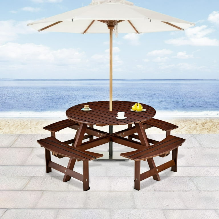 Outdoor 8-Person Wooden Picnic Table, Patio Round Table with