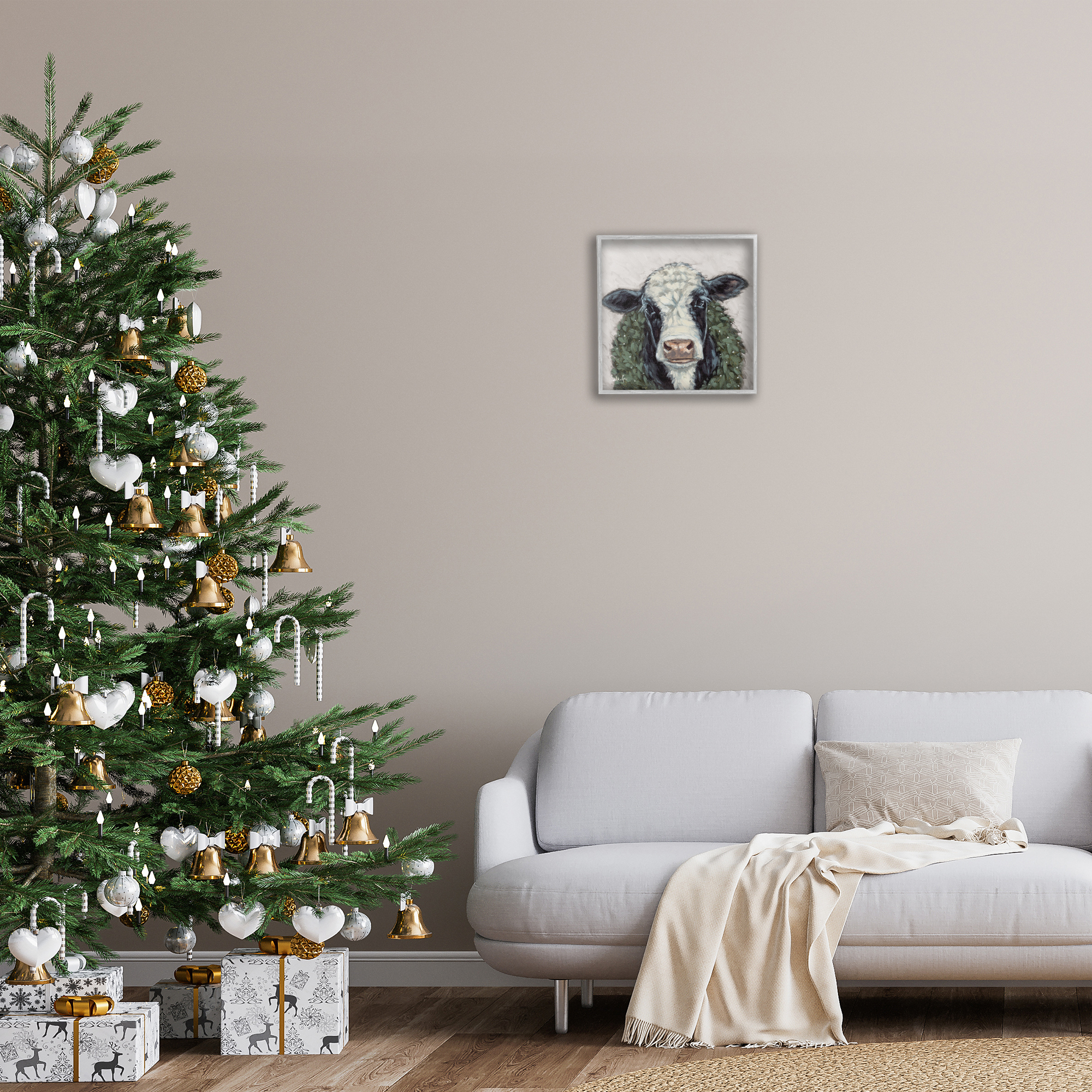 Stupell Industries Spotted Cow with Wreath Holiday Painting Gray Framed Art Prints Wall Art, 17 x 17