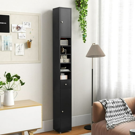Amijoy Tall Slim Bathroom Storage Cabinet Linen Tower w/ 2 Doors 1 Drawer Shelves Black