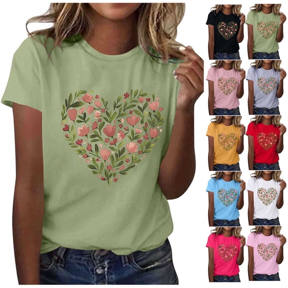 Favoffer Women's Heart Print T-Shirts Round Neck Short Sleeve Casual Tops Cute Blouses Soft Knit Tees for Daily Errands School Brunch Vacation