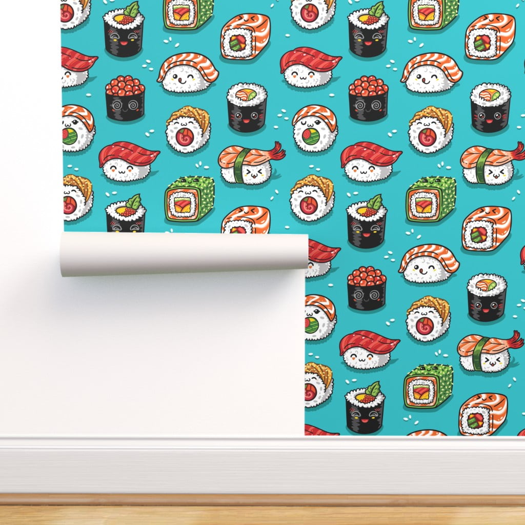 Removable Wallpaper Swatch - Kawaii, Cute, Sushi, Food Print, Japanese,  Aqua Blue, Fish, Cartoon Custom Pre-pasted Wallpaper by Spoonflower -  