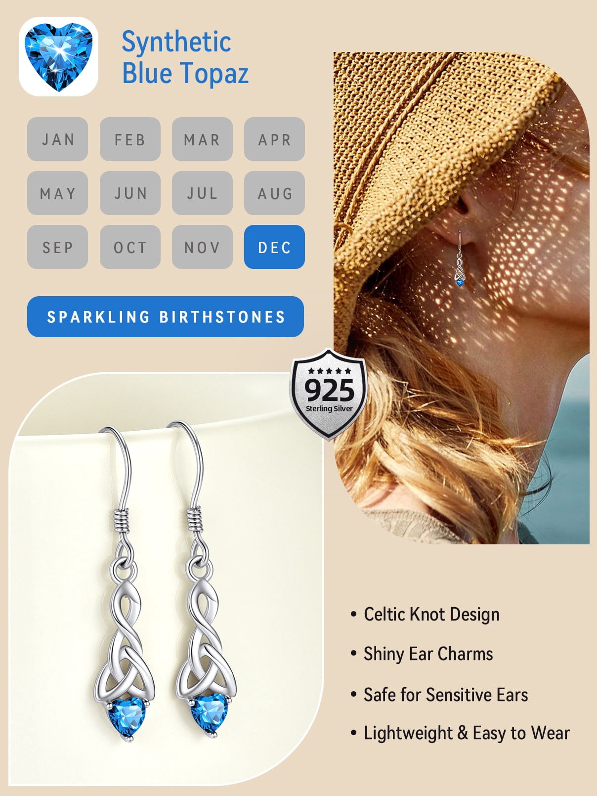 FaithHeart 925 Sterling Silver Birthstone Earrings for Women December Heart Earrings Celtic Knot Dangle Drop Earrings Dainty Jewelry Gift for Granddaughter Sister Friends Birthday Christmas