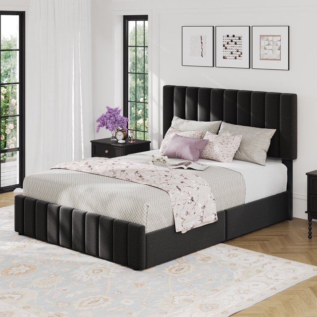 Upholstered Platform Bed Frame with 4 Drawers, Button Tufted Headboard/Footboard, Sturdy Metal Support, No Box Spring Required