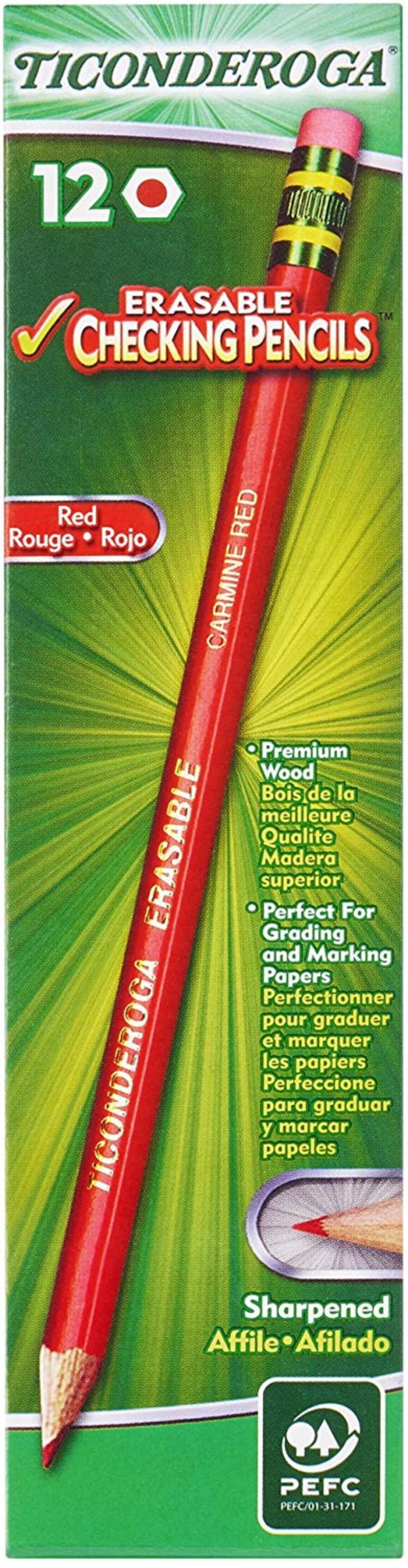 Erasable Checking Pencils with Eraser, Presharpened, Red, 12Pack
