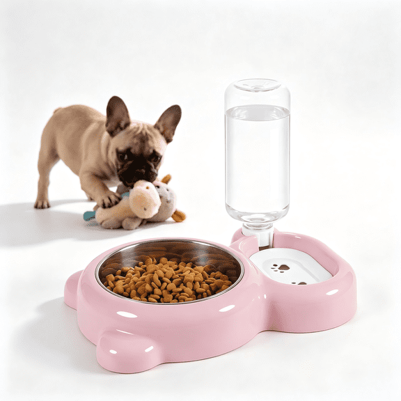 Pink Dog Bowls, Cat Food and Water Bowl Set with Water Dispenser and Stainless Steel Bowl – for Cats and Small Dogs
